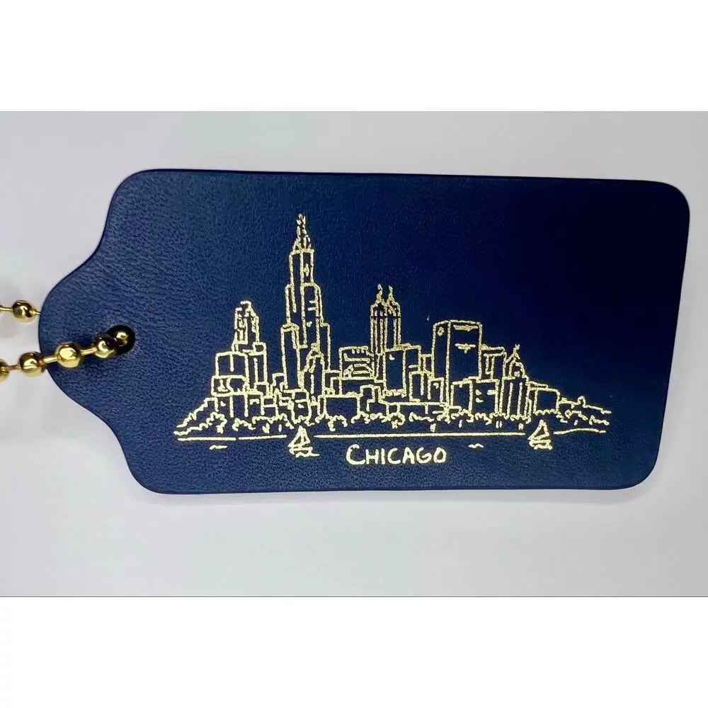 Coach Store Chicago Skyline Navy Leather Hangtag Bag Charm Keychain Travel Tag - Picture 2 of 4